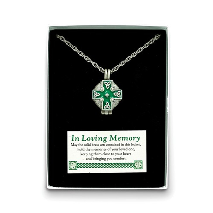 Green Celtic Memorial Cross Ash Holder Locket 24 Inch Necklace