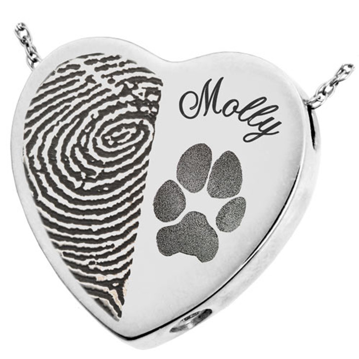 Half Print Pawprint and Name Heart Slider Sterling Silver Memorial Pet Cremation Jewelry Pendant Necklace
