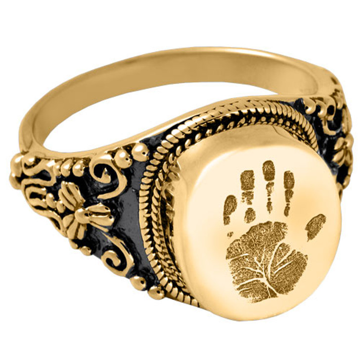 Handprint Round Solid 14k Gold Memorial Cremation Ring
