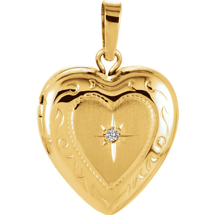 Floral Heart with Diamond Starburst 14k Yellow Gold Memorial Locket Jewelry Necklace