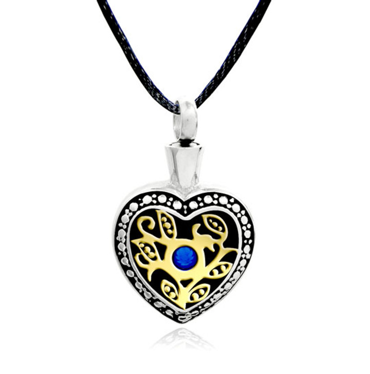 Heart with Vines and Crystal Stainless Steel Cremation Jewelry Pendant Necklace