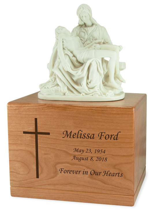 La Pieta Cherry Wood and Cold Cast White Alabaster Resin Cremation Urn
