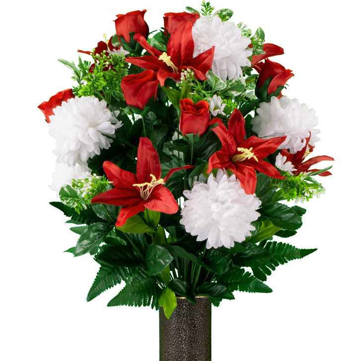 Large White Mum and Red Lily Silk Flowers for Cemeteries
