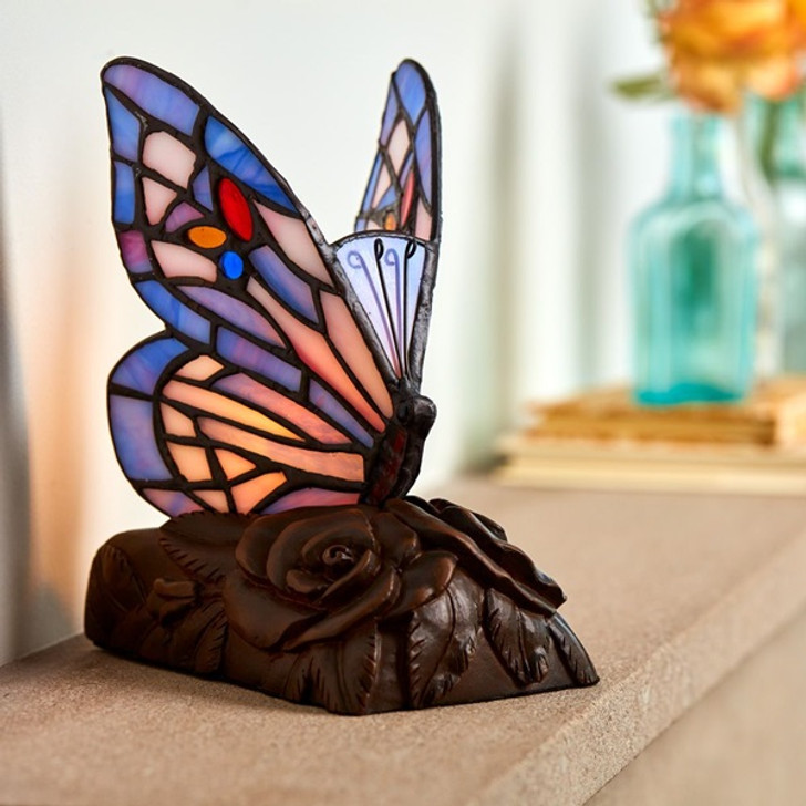 LED Butterfly on Rose Purple Tiffany Style Lamp Keepsake Cremation Urn