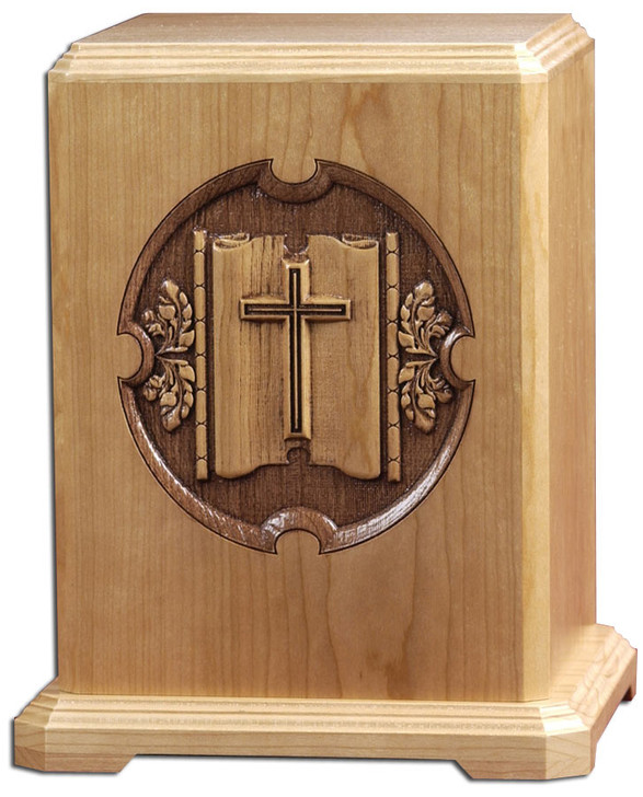 Linen Fold Cross Laser Carved Cherry Wood Cremation Urn