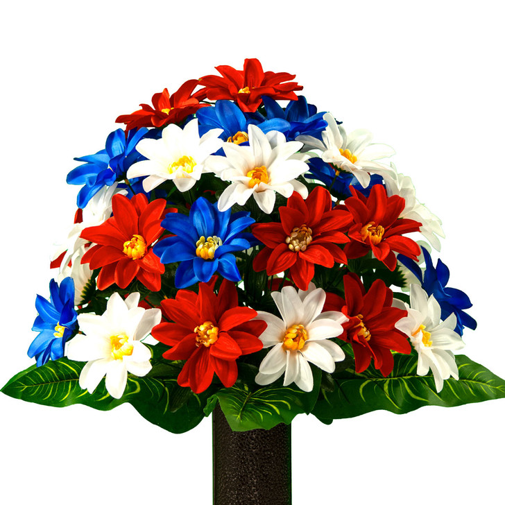 Medium Red White and Blue Dahlia Silk Flowers for Cemeteries