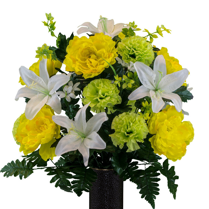 Medium White Lily Yellow Peony Lime Carnation Silk Flowers for Cemeteries