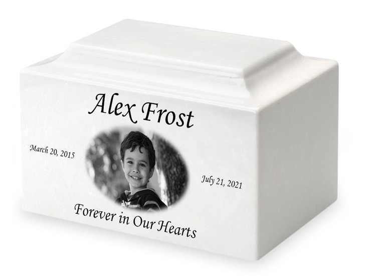 White Marble Medium Cremation Urn with Engraved Photo