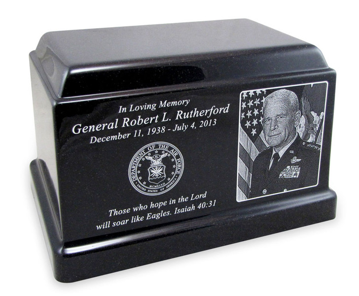 Military Black Granite Olympus Cremation Urn with Engraved Photo