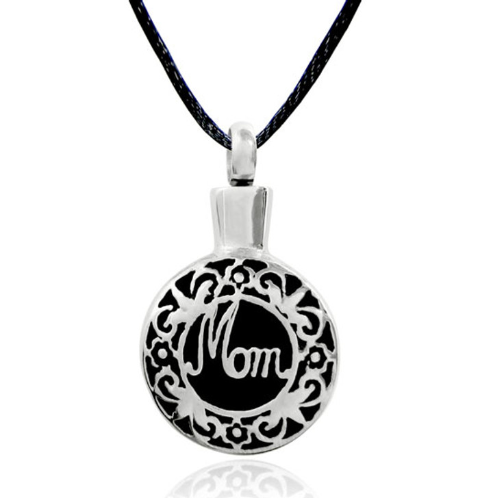 Mom with Border Design Stainless Steel Cremation Jewelry Pendant Necklace