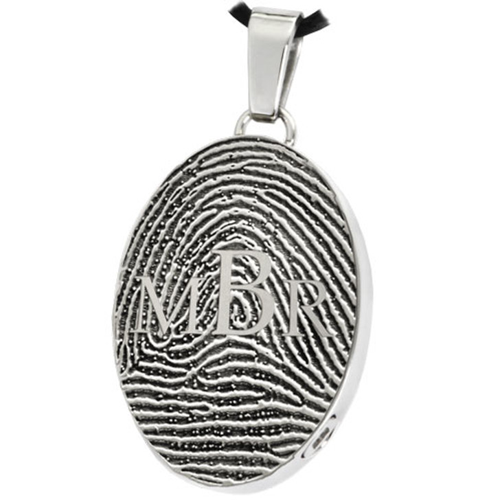 Monogram over Fingerprint Oval Stainless Steel Memorial Cremation Pendant Necklace