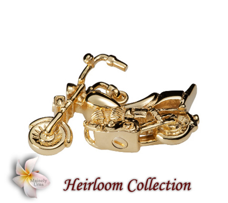 Motorcycle Cremation Jewelry in 14k Gold Plated Sterling Silver