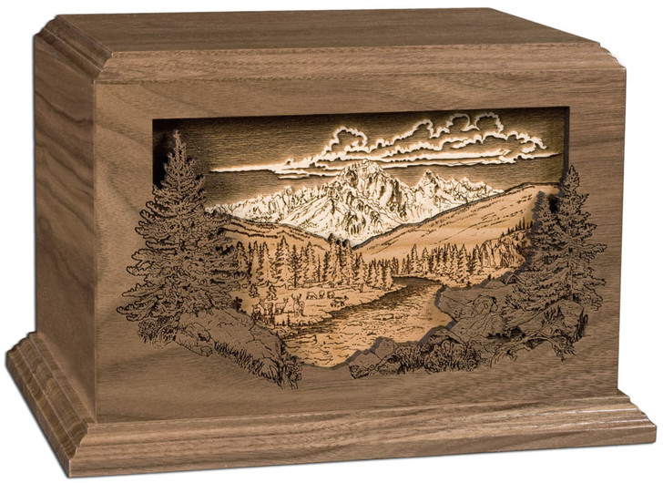 Mountain Scene Dimensional Heirloom Walnut Wood Cremation Urn