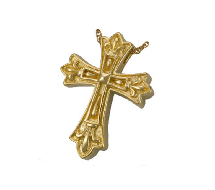 Ornate Cross Cremation Jewelry in 14k Gold Plated Sterling Silver