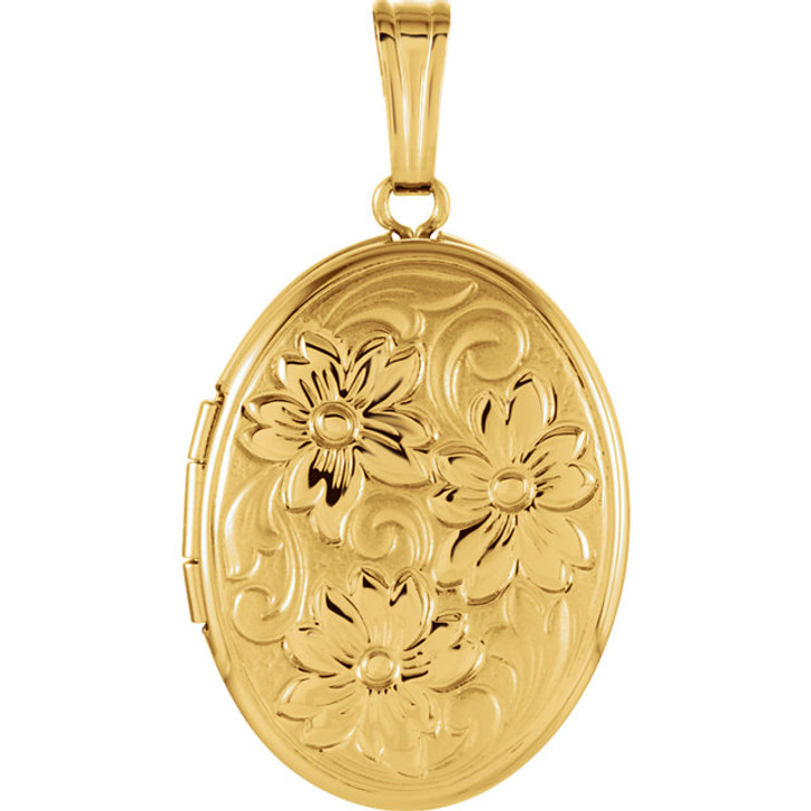 Oval Flowers 14k Yellow Gold Memorial Locket Jewelry Necklace