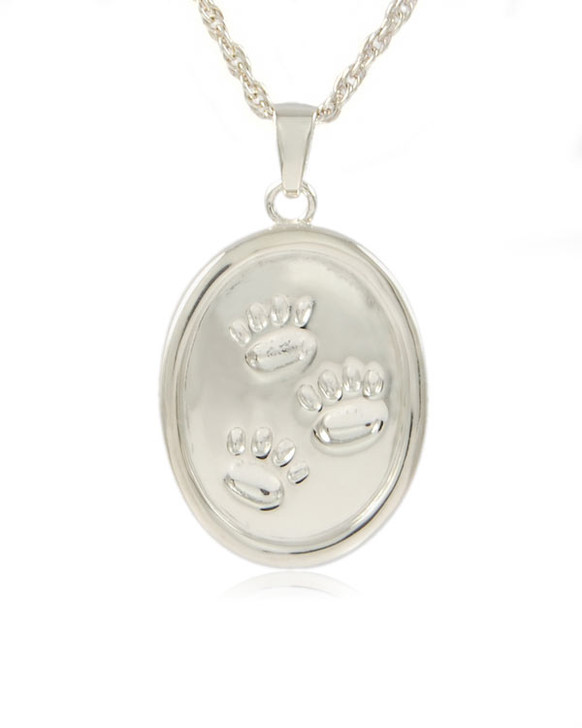 Oval with Paw Prints Sterling Pet Cremation Jewelry Pendant Necklace