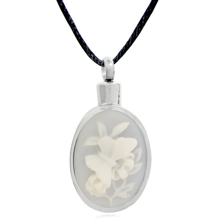 Oval with Raised Butterfly and Flowers Stainless Steel Cremation Jewelry Pendant Necklace