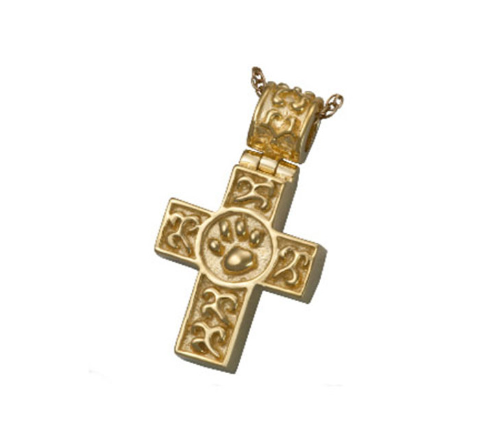 Paw Print Cross Cremation Jewelry in 14k Gold Plated Sterling Silver