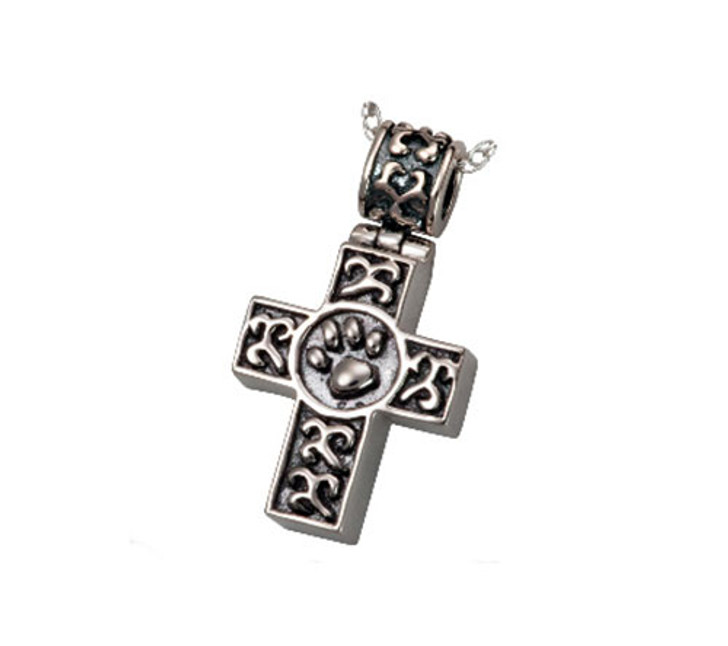 Paw Print Cross Cremation Jewelry in Sterling Silver