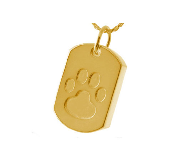 Paw Print Dog Tag Cremation Jewelry in Solid 14k Yellow Gold or White Gold