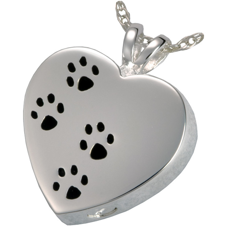 Paw Prints On My Heart Cremation Jewelry in Sterling Silver