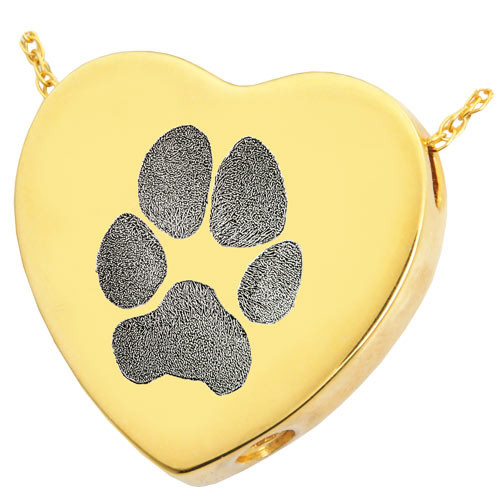 Pawprint and Name Heart Slider Solid 14k Gold Memorial Pet Cremation Jewelry Pendant Necklace