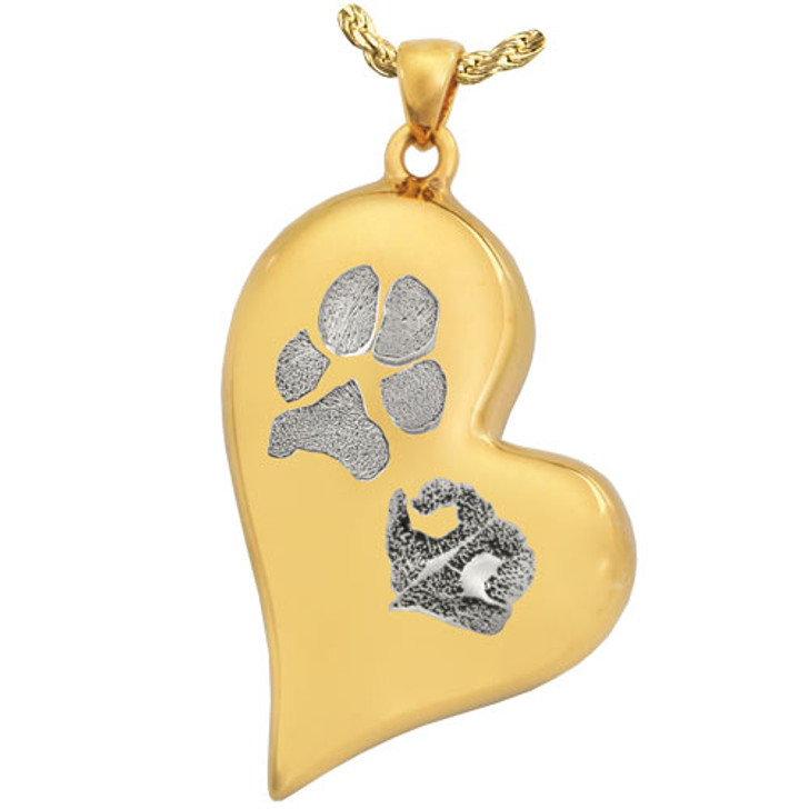 Pawprint and Noseprint Teardrop Heart Solid 14k Gold Memorial Pet Cremation Jewelry Pendant Necklace