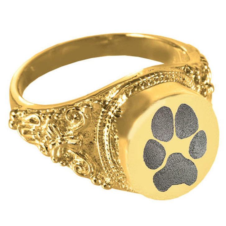 Pawprint Round Solid 14k Gold Memorial Cremation Ring