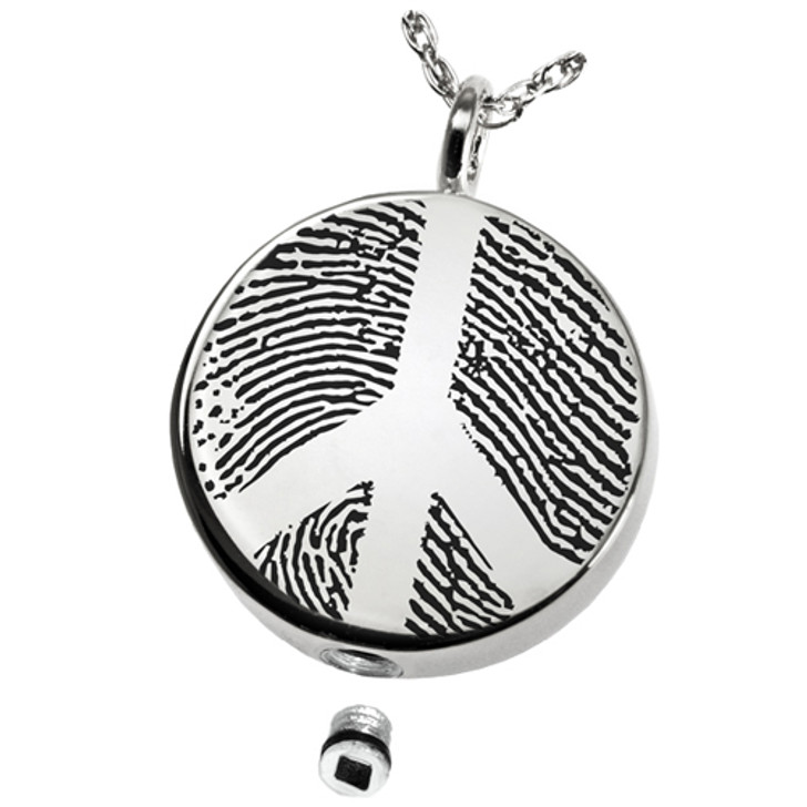 Peace Sign Fingerprint Round Stainless Steel Memorial Cremation Pendant Necklace