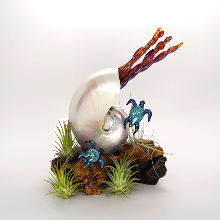 Pearled Nautilus and Turtles Over Burl Cremains Encased in Glass Cremation Sculpture