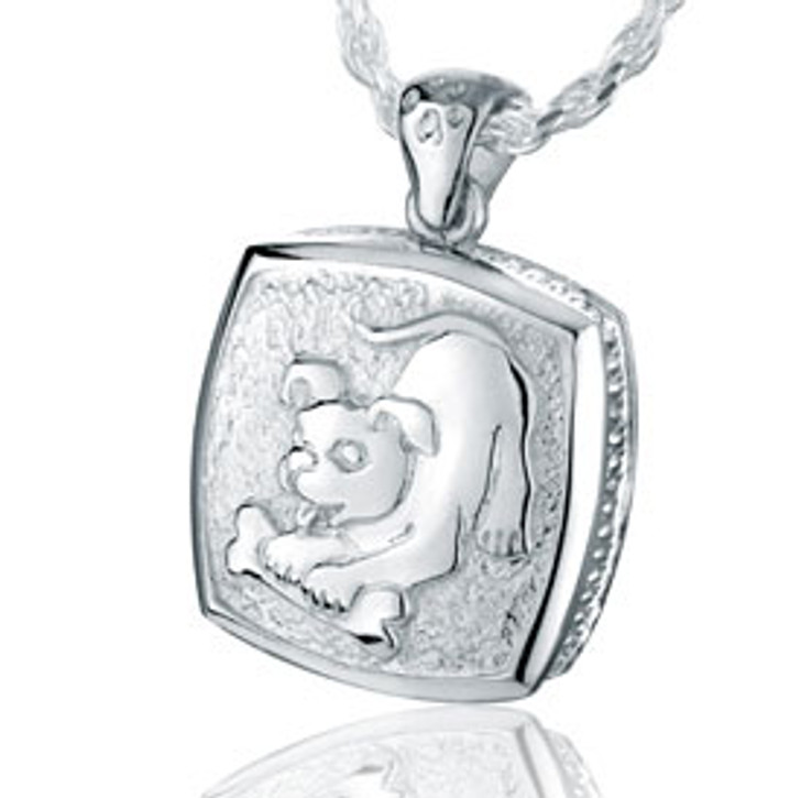 Puppy with Bone Sterling Silver Pet Cremation Jewelry Pendant Necklace