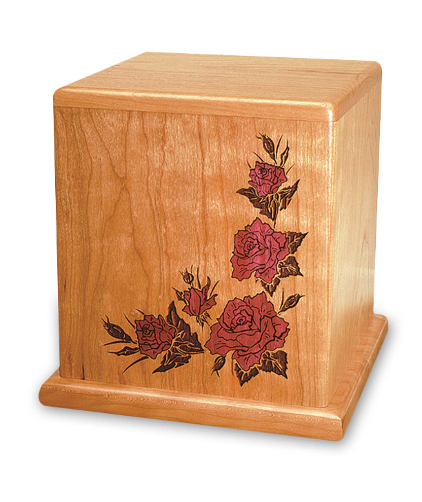 Red Rose Mosaic Inlay Cherry Cremation Urn - Engravable