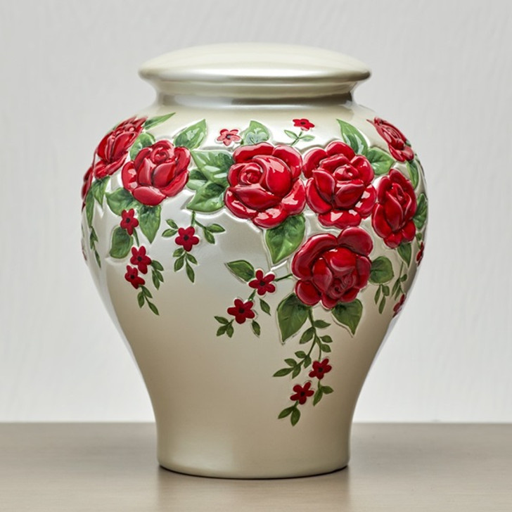 Red Roses Hand Painted Ceramic Cremation Urn