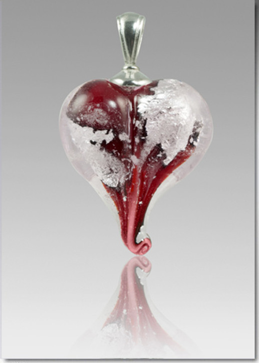 Red Silver Precious Metal Heart Cremains Encased in Glass Cremation Jewelry Pendant