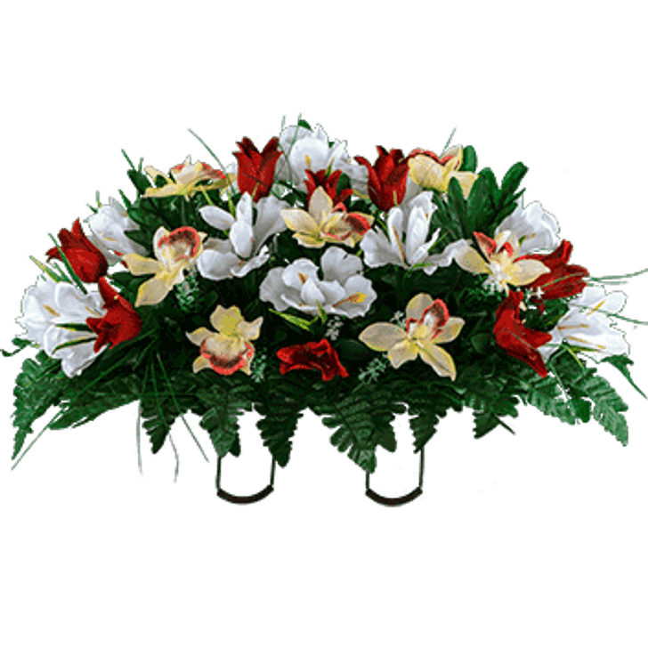 Red Tulips and White Iris Headstone Saddle Silk Flowers for Cemeteries