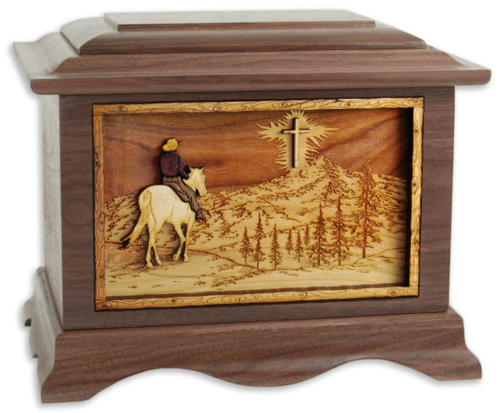 Riding Home With Cross with 3D Inlay Walnut Wood Cremation Urn