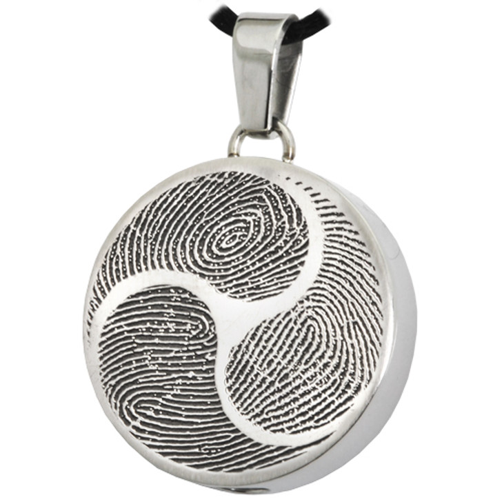 Shinto Tri-Fingerprint Round Stainless Steel Memorial Cremation Pendant Necklace