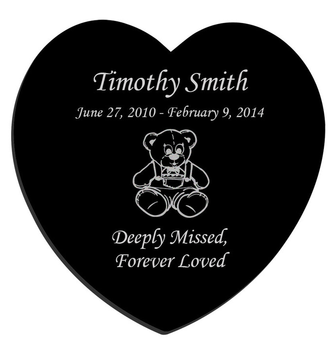 Teddy Bear Laser-Engraved Infant-Child Heart Plaque Black Granite Memorial
