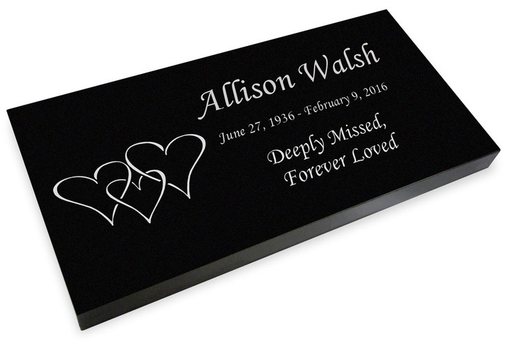 Triple Heart Grave Marker Black Granite Laser-Engraved Memorial Headstone