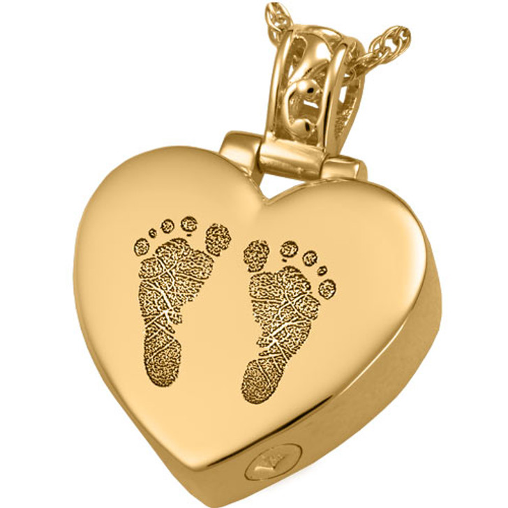 Two Footprints Heart Filigree Bail Solid 14k Gold Cremation Necklace