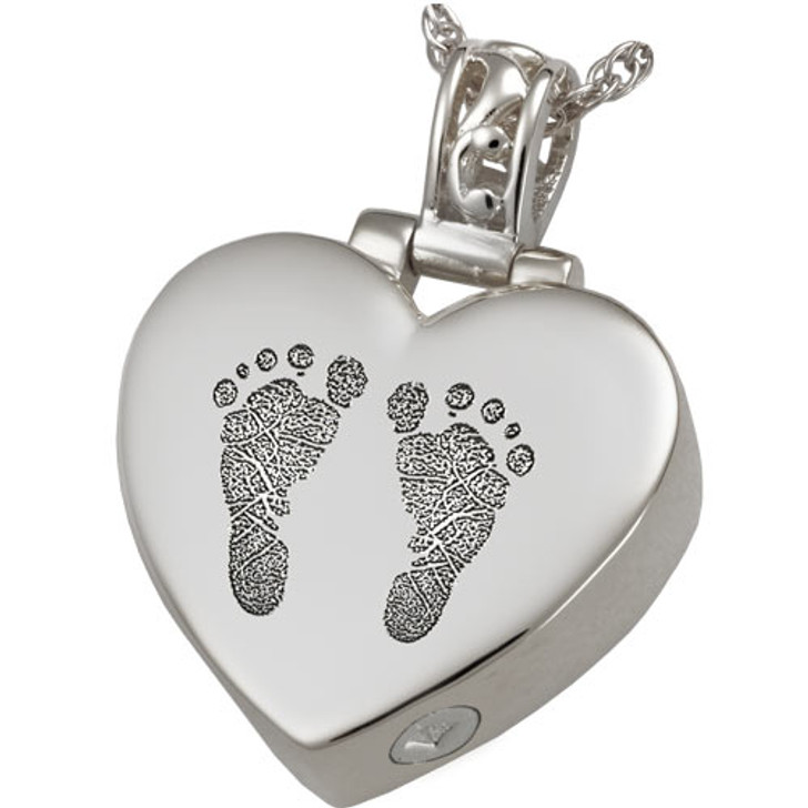 Two Footprints Heart with Filigree Bail Sterling Silver Memorial Cremation Pendant Necklace