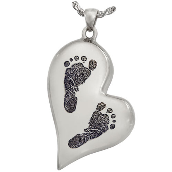 Two Footprints Teardrop Heart Sterling Silver Memorial Cremation Pendant Necklace