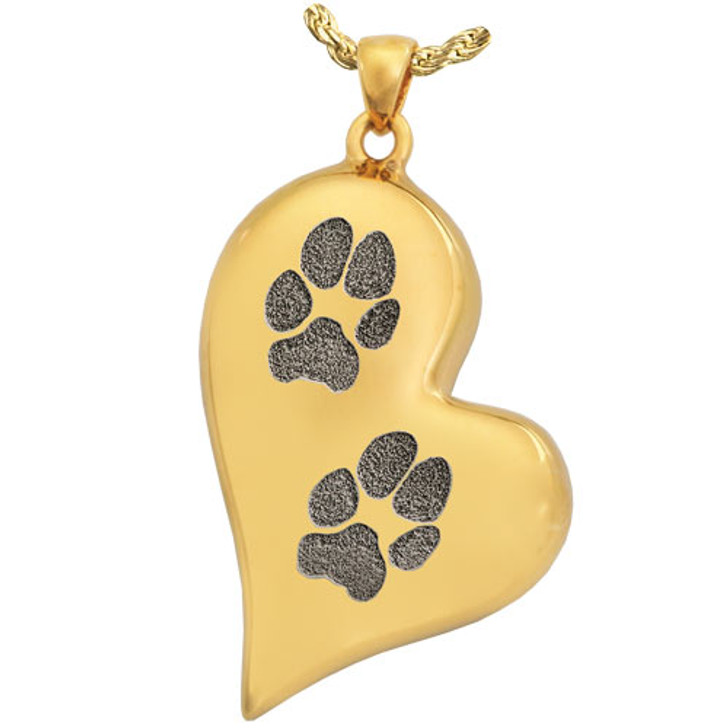 Two Pawprints Teardrop Heart Solid 14k Gold Memorial Pet Cremation Jewelry Pendant Necklace