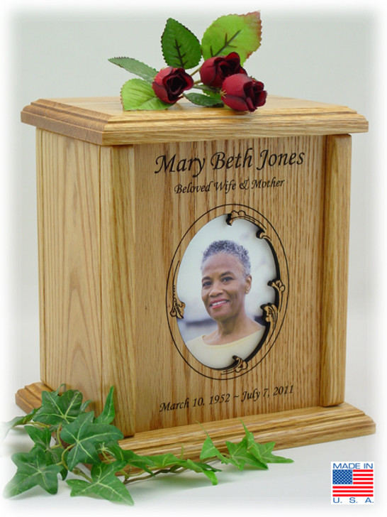 Wavy Oval Photo Insert Engraved Wood Cremation Urn