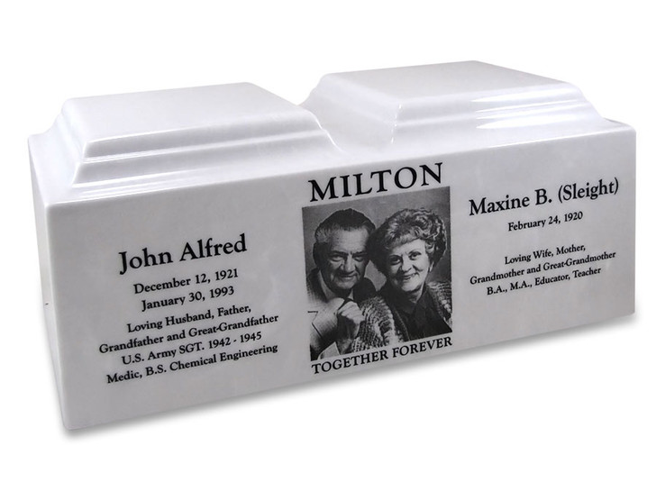 White Marble Companion Cremation Urn with Engraved Photo