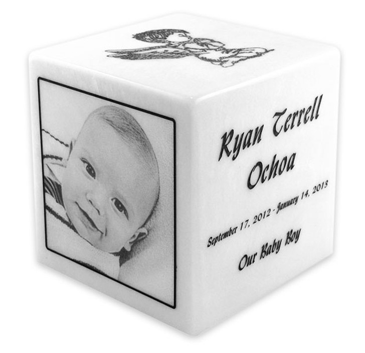 White Marble Infant Child Cube Cremation Urn with Engraved Photo