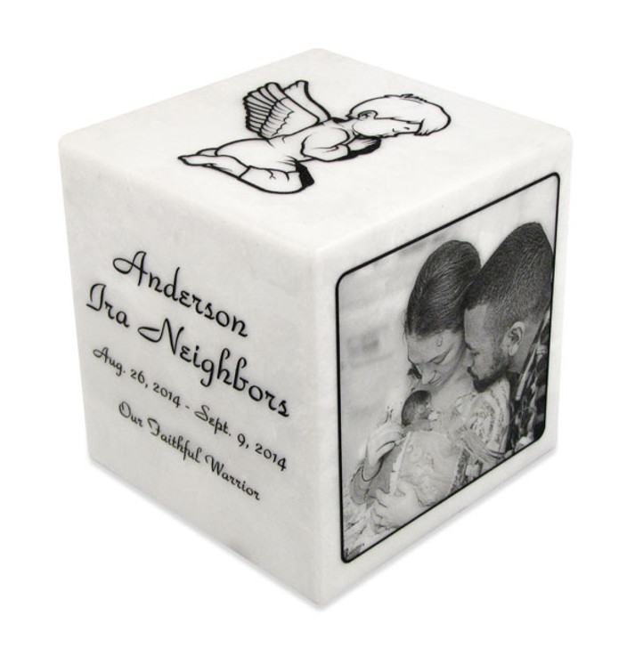 White Marble Infant Child Cube Cremation Urn with Engraved Photo