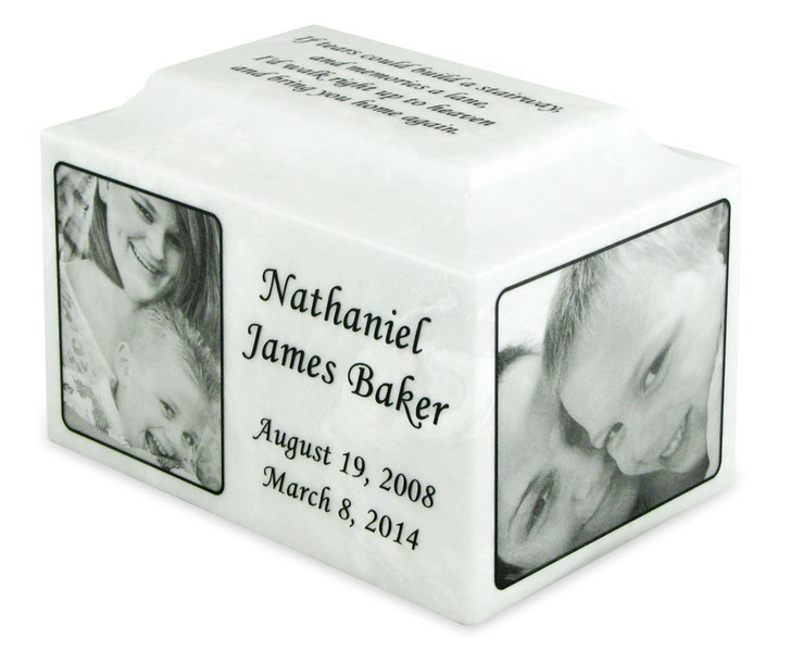 White Marble Infant Child Small Cremation Urn with Engraved Photo