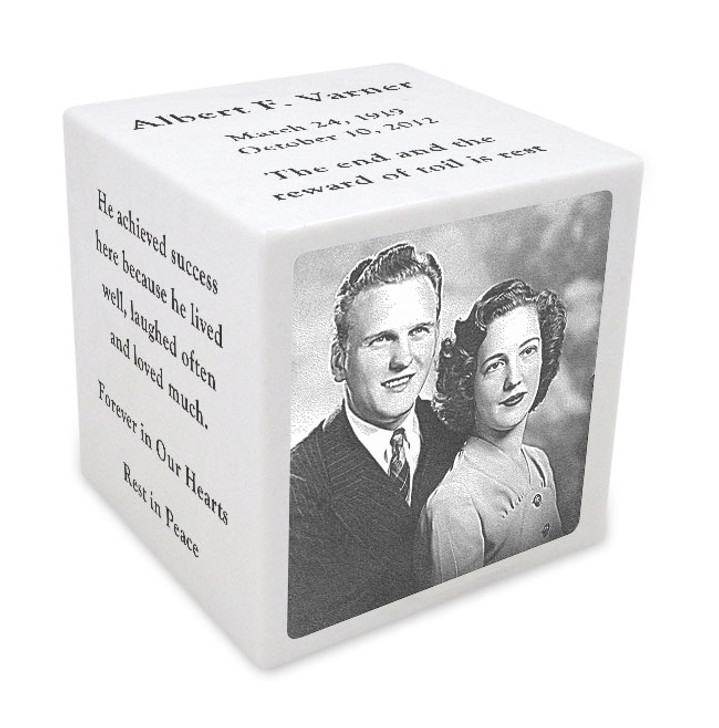 White Marble Keepsake Cube Cremation Urn with Engraved Photo