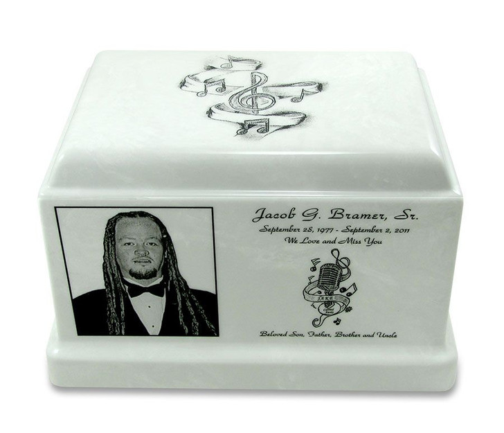 White Marble Olympus Cremation Urn with Engraved Photo